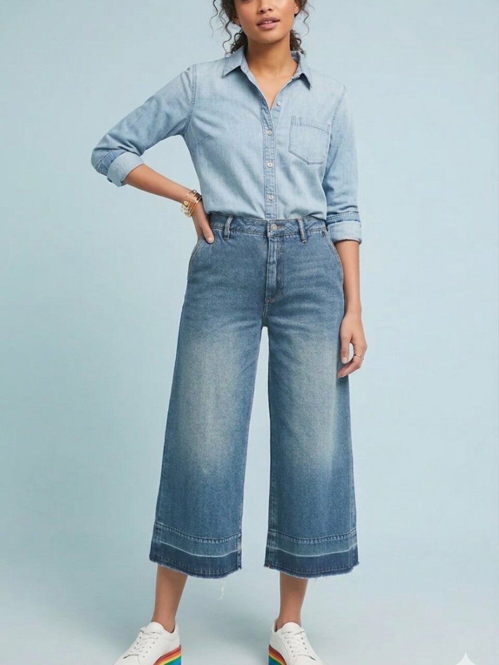 Reiko Nathan Wide Leg Cropped Jeans Raw Hem Blue Denim Size 27